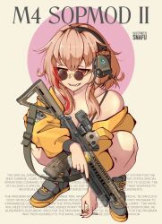 Rule 34 | 1girl, absurdres, artist name, assault rifle, black footwear, black nails, can, character name, cigarette, english text, girls&#039; frontline, glasses, grenade launcher, gun, gun sling, highres, holding, holding can, holding cigarette, jacket, lemonade, light brown hair, m203, m4 carbine, m4 sopmod ii (girls&#039; frontline), multicolored hair, optical sight, red eyes, red hair, rifle, sharp teeth, shoes, sight magnifier, sign, smile, snafu (snafy snu), sneakers, solo, squatting, streaked hair, teeth, two-tone footwear, underbarrel grenade launcher, warning sign, weapon, weapon name, white background, yellow footwear, yellow jacket