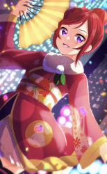 Rule 34 | 1girl, absurdres, alternate hairstyle, angelic angel, artist name, artist request, blush, breasts, female focus, floral print, folding fan, fur collar, hair between eyes, hair bun, hand fan, highres, japanese clothes, kimono, long sleeves, looking at viewer, love live!, love live! school idol project, nishikino maki, obi, parted lips, purple eyes, red hair, red kimono, sash, short hair, single hair bun, smile, solo