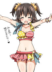 Rule 34 | 10s, 1girl, akagi miria, blush, breasts, brown hair, cleavage, collarbone, closed eyes, idolmaster, idolmaster cinderella girls, medium breasts, navel, open mouth, pikapikapop, short hair, solo, translation request, tsukudani norio, twintails, two side up, white background