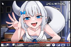 Rule 34 | 1boy, absurdres, artist name, bare arms, bare shoulders, bed, bent over, bidortw, blue bow, blue eyes, boros (ouro kronii), borrowed design, bow, collarbone, commentary, downblouse, dress, english commentary, english text, hair bow, highres, hololive, hololive english, indoors, keyboard (computer), kronie (ouro kronii), livestream, looking at viewer, male focus, mouse (computer), personification, pointy ears, sleeveless, sleeveless dress, snake boy, snake tail, solo, tail, trap, twitter username, virtual youtuber, waving, white dress, white hair, window, youtube