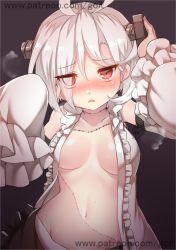 Rule 34 | 1girl, ahoge, azur lane, blush, bolt, breasts, cleavage, detached sleeves, go-it, looking at viewer, navel, patch, red eyes, short hair, simple background, solo, sweat, terror (azur lane), triangle mouth, white hair