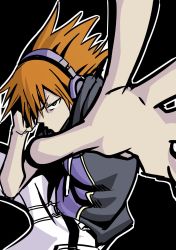 Rule 34 | 1boy, belt, eyebrows, from side, headphones, high collar, highres, looking at viewer, male focus, mp3 player, orange hair, outstretched arm, outstretched hand, sakuraba neku, shirt, sleeveless, sleeveless shirt, solo, solo focus, spiked hair, subarashiki kono sekai