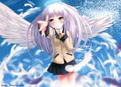 Rule 34 | 10s, 1girl, angel beats!, bad id, bad pixiv id, blazer, feathers, halo, jacket, outstretched hand, pleated skirt, school uniform, silver hair, skirt, solo, tenshi (angel beats!), wings, x x (artist), yellow eyes