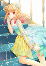 Rule 34 | 1girl, bad id, bad pixiv id, blonde hair, double bun, dress, gem, jewelry, lying, necklace, on side, original, pearl (gemstone), red eyes, rocky (chendongjian), seashell, shell, solo, stairs