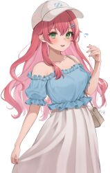 Rule 34 | absurdres, bare shoulders, green eyes, hanazawa ma, highres, hololive, long hair, looking at viewer, open mouth, pink hair, sakura miko, shirt, simple background, skirt, smile, virtual youtuber