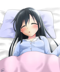 Rule 34 | 10s, 1girl, achilles (yosshyachillesd), alternate costume, artist name, asashio (kancolle), bed sheet, black hair, commentary request, dated, highres, kantai collection, long hair, lying, md5 mismatch, on back, on bed, pajamas, parted lips, pillow, sleeping, solo, under covers