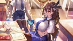 Rule 34 | 3girls, action taimanin, arms under breasts, bag, bookbag, breasts, brown hair, case, classroom, crossed arms, crossed legs, doodles, floral print, game cg, graph, hair between eyes, hair ornament, head out of frame, highres, kasumigaoka rika, large breasts, leggings, medium breasts, multiple girls, nanase mai, necktie, notebook, out of frame, pencil to face, pleated skirt, pointing, red eyes, school uniform, shinohara mari, skirt, studying, sweat, taimanin (series), textbook, tile floor, tiles, v-shaped eyebrows, white hair