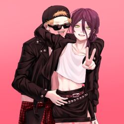 1boy 1girl apt._(rose_&amp;_bruno_mars) belt birchichan breasts chainsaw_man couple crop_top denji_(chainsaw_man) green_eyes highres holding jacket midriff navel open_mouth purple_hair reze_(chainsaw_man) sharp_teeth short_hair simple_background skirt small_breasts sunglasses tank_top teeth upper_body v