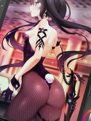 Rule 34 | 1girl, armlet, ass, black hair, black rock shooter, black rock shooter (character), blue eyes, blurry, breasts, bright pupils, contrapposto, cowboy shot, depth of field, earrings, fishnet pantyhose, fishnets, from behind, gloves, half gloves, hand on hilt, highres, indoors, jewelry, leotard, long hair, m-da s-tarou, pantyhose, parted lips, photo (medium), profile, purple gloves, sideboob, small breasts, solo, sword, thighlet, twintails, unfinished, very long hair, weapon, white pupils, wrist cuffs