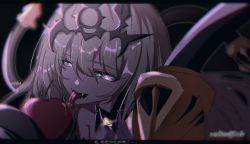 Rule 34 | 1girl, :d, apple, artist name, blurry, blurry background, blurry foreground, crown, dress, fangs, food, forked tongue, fruit, green hair, hair between eyes, highres, honkai (series), honkai impact 3rd, leaning forward, licking, long hair, long tongue, looking at viewer, mobius (honkai impact), open mouth, purple eyes, saliva, sleeveless, sleeveless dress, smile, tongue, tongue out, xianyusaltedfish