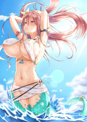 Rule 34 | 1girl, areola slip, armlet, armpits, arms behind head, arms up, bare shoulders, bikini, bikini top only, blue eyes, blue sky, blush, bracelet, breasts, budget sarashi, circlet, cloud, commentary, covered erect nipples, day, floating hair, flower, hair between eyes, hair flower, hair ornament, highres, jewelry, june (ne z asa), large breasts, lens flare, light rays, long hair, mermaid, monster girl, navel, ocean, original, outdoors, parted lips, pink hair, pussy, pussy peek, sarashi, sidelocks, sky, solo, stomach, sunbeam, sunlight, swimsuit, tail, tail ornament, tail ring, underboob, wardrobe malfunction, water drop, wet, wet clothes, white bikini