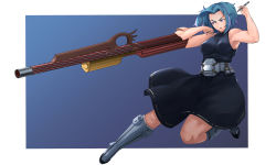 Rule 34 | 1girl, arm cannon, armpits, artist request, bare shoulders, belt, belted dress, black dress, blue background, blue hair, boku no hero academia, boots, border, breasts, bullet, clenched hands, collarbone, dress, eyebrows, eyelashes, female focus, fighting stance, focused, full body, gradient background, gun, hands up, highres, holding, holding bullet, jumping, lady nagant, large breasts, looking to the side, medium dress, multicolored hair, neck, outstretched arms, parted bangs, parted lips, pink eyes, pink hair, pointing weapon, rifle, sidelocks, sleeveless, sleeveless dress, sniper rifle, spread arms, turtleneck, turtleneck dress, two-tone hair, utility belt, v-shaped eyebrows, weapon, white border, white footwear