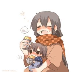 Rule 34 | 10s, 2girls, akagi (kancolle), alternate costume, bad id, bad twitter id, black eyes, blush, brown hair, checkered clothes, checkered scarf, chibi, closed eyes, eating, flower, food, kaga (kancolle), kantai collection, long hair, lowres, multiple girls, open mouth, rebecca (keinelove), scarf, short hair, side ponytail, simple background, smile, steam, sweet potato, white background