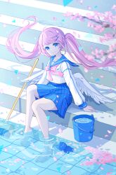 Rule 34 | 1girl, afloat, ahoge, angel, angel wings, arm support, bare legs, barefoot, blue eyes, blue halo, blue sailor collar, blue skirt, blurry, broom, bucket, cat, cherry blossoms, chibi, collarbone, depth of field, falling petals, floating hair, hair ornament, hairclip, halo, head tilt, high-waist skirt, highres, long hair, long sleeves, looking at viewer, low wings, neck ribbon, original, petals, pink hair, pink ribbon, pleated skirt, poolside, ribbon, ripples, sailor collar, school uniform, serafuku, shadow, shirt, sidelocks, sitting, sitting on stairs, skirt, smile, soaking feet, stairs, sunlight, twintails, very long hair, white shirt, wings, yutukicom