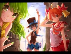 Rule 34 | 3girls, :p, ;), ahoge, arm up, armpits, bare shoulders, bell, bell (rbb), blue (rbb), blue eyes, blue hair, brown eyes, earrings, face, green eyes, green hair, hand on own hip, hat, highres, hip focus, jewelry, letterboxed, long hair, mole, multiple girls, nail polish, one eye closed, orange hair, original, rainy (rbb), rainybluebell, rojiko, short hair, skirt, smile, tongue, tongue out, v, wink, wrist cuffs