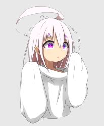 Rule 34 | 1girl, absurdres, ahoge, commentary request, cropped torso, crying, crying with eyes open, fang, grey background, grey hair, hair between eyes, hands up, highres, horns, idaten93, long hair, long sleeves, looking away, original, oversized clothes, oversized shirt, parted lips, purple hair, ruua (idaten93), shirt, sleeves past fingers, sleeves past wrists, solo, tears, translation request, upper body, white shirt