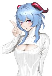 Rule 34 | 1girl, absurdres, alternate costume, bad id, bad twitter id, blue hair, blush, breasts, cleavage, cleavage cutout, clothing cutout, ganyu (genshin impact), genshin impact, hand up, highres, horns, long hair, looking at viewer, norunollu, pink eyes, ribbed sweater, simple background, solo, sweater, upper body, white background, white sweater