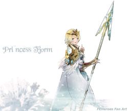 Rule 34 | 1girl, blonde hair, blue eyes, cape, character name, crown, feather trim, feathers, fire emblem, fire emblem heroes, fjorm (fire emblem), from side, holding, holding weapon, long sleeves, looking to the side, maeshima shigeki, nintendo, open mouth, polearm, short hair, snowing, solo, spear, weapon