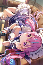 Rule 34 | 1girl, bare legs, blue dress, blue footwear, blue hair, blue nails, blush, braid, breasts, cellphone, cleavage, closed mouth, colored inner hair, couch, dress, frilled dress, frills, hair between eyes, highres, holding, holding phone, hololive, indoors, looking at viewer, lying, maid headdress, medium breasts, minato aqua, minato aqua (1st costume), multicolored hair, nail polish, on couch, on side, phone, pink hair, purple eyes, shoes, smartphone, solo, summer tail720, twintails, two-tone hair, virtual youtuber, wrist cuffs