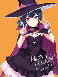 Rule 34 | 1girl, 2019, alternate costume, birthday, black dress, blue hair, blush, dated, double v, dress, hair ornament, halloween costume, hat, highres, idolmaster, idolmaster shiny colors, looking at viewer, morino rinze, orange background, red eyes, short hair, simple background, smile, solo, suke (momijigari), v, witch hat