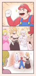 Rule 34 | &gt; &lt;, 1boy, 3girls, 3koma, armlet, bare shoulders, black dress, blue eyes, blush, bowsette, bracelet, breasts, cleavage, closed eyes, collar, comic, contllenge, crossed arms, crown, dress, earrings, elbow gloves, expressive clothes, facial hair, fingernails, gloves, grin, hat, highres, horns, jewelry, large breasts, long hair, luigi&#039;s mansion, mario, mario (series), multiple girls, mustache, new super mario bros. u deluxe, nintendo, one eye closed, pink dress, pointy ears, princess king boo, princess peach, sharp fingernails, silent comic, smile, spiked armlet, spiked bracelet, spiked collar, spikes, strapless, strapless dress, super crown, white dress, white gloves