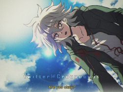 Rule 34 | 1boy, antenna hair, blue sky, cloud, cloudy sky, collarbone, commentary, criis-chan, danganronpa (series), danganronpa 2: goodbye despair, day, english commentary, english text, from below, green jacket, grey hair, grey shirt, jacket, komaeda nagito, looking at viewer, male focus, messy hair, open clothes, open jacket, outdoors, print shirt, shirt, sky, solo, teeth, twitter username, upper teeth only