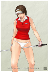 Rule 34 | 1girl, azasuke, bangle, bare shoulders, between legs, blouse, border, bottomless, bracelet, breasts, brown eyes, brown hair, clap hanz, closed eyes, earrings, female focus, female masturbation, gloves, golf club, highres, hot shots golf fore!, jewelry, kyouko (hot shots golf), masturbation, medium breasts, minna no golf, no pants, open mouth, outside border, panties, red shirt, shirt, simple background, single glove, sleeveless, sleeveless shirt, solo, standing, underwear, visor, white border, white panties