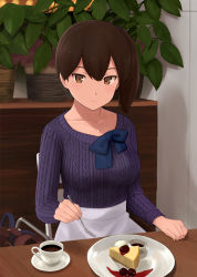 Rule 34 | 1girl, aran sweater, bag, blue bow, blue scrunchie, bow, breasts, brown eyes, brown hair, cable knit, cake, collarbone, cup, eating, expressionless, food, fork, fuyube gin (huyube), handbag, highres, indoors, jewelry, kaga (kancolle), kantai collection, large breasts, looking at viewer, medium hair, morning, necklace, plant, purple sweater, ring, scrunchie, side ponytail, sitting, skirt, solo, sweater, table, wedding band, white skirt, wooden table