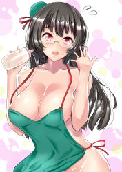 Rule 34 | 10s, 1girl, absurdres, adapted costume, apron, bare shoulders, black hair, breasts, choukai (kancolle), choukai kai ni (kancolle), cleavage, collarbone, cowboy shot, flying sweatdrops, glasses, groin, hat, highres, kantai collection, large breasts, long hair, looking at viewer, naked apron, open mouth, red eyes, rimless eyewear, sankakusui, solo, sweat, teeth