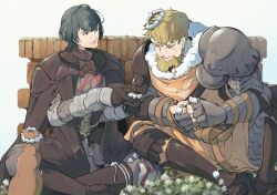 Rule 34 | 2boys, armor, beard, black cape, black gloves, blonde hair, byleth (fire emblem), byleth (male) (fire emblem), cape, cat, closed mouth, commentary request, facial hair, father and son, fire emblem, fire emblem: three houses, flower, gauntlets, gloves, greaves, green eyes, green hair, head wreath, jeralt reus eisner, male focus, multiple boys, nintendo, shoulder armor, simple background, sitting, un faro, white background, white flower