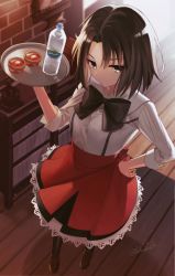 Rule 34 | 1girl, alternate costume, apron, bad id, bad pixiv id, black bow, black bowtie, black legwear, black skirt, bottle, bow, bowtie, brown eyes, brown footwear, brown hair, closed mouth, dress shirt, enmaided, from above, full body, hair intakes, hand on own hip, holding, holding plate, indoors, kara no kyoukai, layered skirt, loafers, long hair, long sleeves, maid, miniskirt, okakasushi, plate, pleated skirt, red apron, ryougi shiki, shirt, shoes, signature, skirt, solo, standing, twitter username, waist apron, water bottle, white shirt, wooden floor