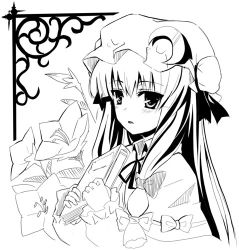 Rule 34 | 1girl, book, female focus, flower, gotyou, greyscale, hat, long hair, lowres, monochrome, patchouli knowledge, plant, ribbon, solo, touhou, upper body, white background