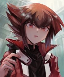 1boy black_shirt brown_hair duel_academy_uniform_(yu-gi-oh!_gx) jacket male_focus medium_hair multicolored_hair open_clothes open_jacket open_mouth red_eyes red_jacket shirt sk816 solo two-tone_hair yu-gi-oh! yu-gi-oh!_gx yuki_judai