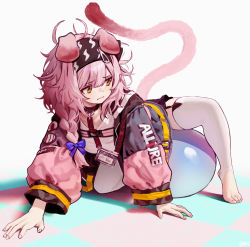Rule 34 | 1girl, animal ears, arknights, ball, blue jacket, bow, braid, cat ears, cat tail, clothes writing, exercise ball, floppy ears, garter straps, goldenglow (arknights), hair bow, highres, id card, jacket, long hair, messy hair, open clothes, open jacket, parody, photo-referenced, pink jacket, purple bow, shirt, simple background, solo, songchuan li, tail, tail raised, thighhighs, wavy mouth, white background, white shirt, white thighhighs, yellow eyes