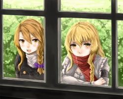 Rule 34 | 2girls, :d, black coat, blonde hair, blouse, blush, bow, braid, breasts, bush, cleavage, coat, commentary request, cookie (touhou), day, fang, haiperion buzan, hair between eyes, hair bow, indoors, kirisame marisa, long hair, long sleeves, looking at viewer, looking inside, mars (cookie), medium breasts, multiple girls, open mouth, purple bow, red scarf, rei (cookie), scarf, shirt, side braid, single braid, smile, touhou, upper body, white shirt, window, yellow eyes