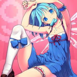 Rule 34 | 1girl, adapted costume, alternate costume, arm strap, armpits, arms up, blue dress, blue eyes, blue hair, bridal garter, circled 9, cirno, collarbone, dress, food, ice, ice wings, kaito (k4itoh), leg ribbon, looking at viewer, matching hair/eyes, mouth hold, pinstripe pattern, popsicle, revision, ribbon, single thighhigh, sitting, sleeveless, sleeveless dress, solo, spilling, striped, thighhighs, touhou, white thighhighs, wings, zettai ryouiki