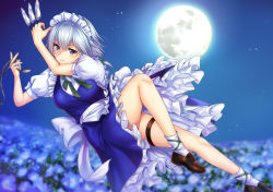 Rule 34 | 1girl, apron, arm up, bare legs, between fingers, blue dress, blue eyes, blue flower, blush, bow, breasts, brown footwear, commentary request, dress, field, flower, flower field, frilled apron, frills, full moon, green bow, green ribbon, hair between eyes, hair bow, hand up, holding, holding knife, holding weapon, izayoi sakuya, knife, knives between fingers, loafers, looking at viewer, maid, maid apron, maid headdress, medium breasts, moon, neck ribbon, nemophila (flower), night, night sky, outdoors, petticoat, pocket watch, puffy short sleeves, puffy sleeves, ribbon, shirt, shoes, short dress, short hair, short sleeves, silver hair, sky, socks, solo, thigh strap, thighs, touhou, waist apron, watch, weapon, white apron, white shirt, white socks, yuzutosen