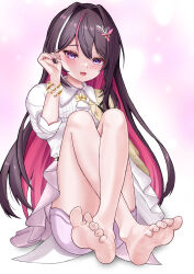 Rule 34 | 1girl, absurdres, adjusting hair, azki (hololive), barefoot, blush, breasts, brown hair, chrochlomyl, collared dress, colored inner hair, commentary, crossed legs, dress, feet, frilled dress, frills, full body, gradient background, hair between eyes, hair intakes, hair ornament, hand up, highres, hololive, knees up, legs, long hair, looking at viewer, multicolored hair, open mouth, pink background, pink dress, pink hair, purple eyes, short dress, shorts under dress, small breasts, soles, solo, spread toes, streaked hair, teeth, thighs, toe scrunch, toenails, toes, two-tone dress, upper teeth only, very long hair, virtual youtuber, white background, white dress