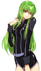 Rule 34 | 1girl, breasts, c.c., code geass, covering crotch, covering privates, cowboy shot, creayus, green hair, groin, long hair, looking at viewer, no panties, order of the black knights uniform, simple background, skindentation, solo, standing, white background, yellow eyes
