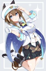 Rule 34 | 1girl, animal ears, ascot, black shirt, blue cape, blue eyes, boots, breasts, brown hair, cape, cheval grand (umamusume), clenched hand, closed mouth, commentary request, ear covers, empty gerbera, gloves, hair between eyes, highres, horse ears, horse girl, horse tail, jacket, long sleeves, looking at viewer, medium breasts, midair, multicolored hair, shirt, short hair, shorts, single glove, solo, sparkle, streaked hair, tail, umamusume, white ascot, white footwear, white hair, white jacket