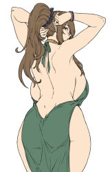 Rule 34 | 1girl, ass, backboob, bead bracelet, beads, bracelet, breasts, brown hair, brown haired glasses elf (houtengeki), butt crack, dress, flat color, from behind, glasses, green dress, green eyes, hair ornament, hair scrunchie, highres, houtengeki, jewelry, large breasts, long hair, looking at viewer, looking back, mature female, original, parted lips, ponytail, scrunchie, sideboob, simple background, solo, white background