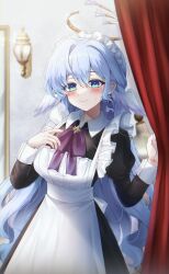 Rule 34 | 1girl, absurdres, alternate costume, apron, black dress, blue eyes, blue hair, blush, breasts, closed mouth, collared dress, dress, dressing room, earrings, enmaided, frilled apron, frills, hair between eyes, halo, hands up, head wings, highres, holding curtain, honkai: star rail, honkai (series), jewel under eye, jewelry, juliet sleeves, light particles, long sleeves, looking at viewer, maid, maid apron, maid headdress, medium breasts, necktie, puffy sleeves, purple necktie, robin (honkai: star rail), ryunbi, sidelocks, sleeve cuffs, sweatdrop, upper body, white apron, wings