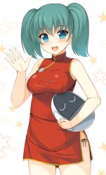 Rule 34 | 1girl, blush, breasts, china dress, chinese clothes, commentary request, cowboy shot, creator connection, dress, green hair, hand up, highres, honjou mikaze, kageira, looking at viewer, medium breasts, red dress, simple background, sleeveless, sleeveless dress, solo, stratos 4, twintails
