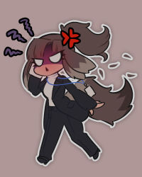 Rule 34 | 1girl, anger vein, animal ears, black coat, black footwear, black pants, blank eyes, brown background, brown hair, cellphone, chibi, coat, floating hair, from side, high heels, highres, holding, holding phone, kikimora (monster girl encyclopedia), lanyard, loen, long sleeves, monster girl encyclopedia, open clothes, open coat, open mouth, outline, pants, phone, ponytail, simple background, smartphone, solo, squiggle, sweater, tail, talking on phone, triangle mouth, walking, white outline, white sweater