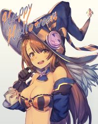 Rule 34 | 10s, 1girl, :d, arm behind back, bare shoulders, bazooka oiran, beatrix (granblue fantasy), bikini, bikini top only, black gloves, blue hat, blush, breasts, brown eyes, brown hair, cleavage, detached collar, detached sleeves, english text, eyebrows, fur trim, gloves, granblue fantasy, hair between eyes, hair ribbon, halloween, happy halloween, hat, highres, jack-o&#039;-lantern, large breasts, long hair, looking at viewer, matching hair/eyes, medium breasts, navel, open mouth, ribbon, shiny skin, simple background, smile, solo, striped ribbon, sweatdrop, swept bangs, swimsuit, upper body, witch hat