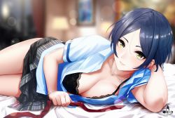 Rule 34 | 1girl, artist logo, black bra, black hair, black skirt, blue shirt, blush, bra, bracelet, breasts, cleavage, closed mouth, collarbone, earrings, eyelashes, hayami kanade, highres, idolmaster, idolmaster cinderella girls, indoors, infinote, jewelry, lace, lace-trimmed bra, lace trim, large breasts, lips, looking at viewer, lying, necklace, necktie, unworn necktie, on bed, on side, open clothes, open shirt, parted bangs, red necktie, school uniform, shirt, short hair, short sleeves, skirt, smile, solo, underwear, yellow eyes