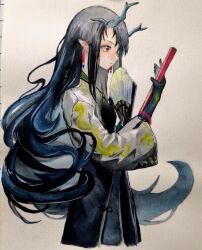 Rule 34 | 1girl, arknights, black hair, black robe, chinese commentary, closed mouth, colored extremities, commentary request, cropped legs, dragon girl, dragon horns, dusk (arknights), earrings, expressionless, floating hair, folded fan, folding fan, grey robe, hand fan, highres, holding, holding fan, horns, jewelry, long hair, long sleeves, painting (medium), photo (medium), pointy ears, red eyes, ribbon-trimmed sleeves, ribbon trim, robe, solo, standing, traditional media, watercolor (medium), wide sleeves, yonghu7371704735 (wiliam)