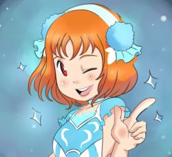 Rule 34 | 1girl, aqua detached collar, aqua dress, artist name, artist request, bare shoulders, blue sky, blush, cloud, collarbone, dress, female focus, hairband, looking at viewer, love live!, love live! sunshine!!, lowres, one eye closed, orange hair, pabsmikan, parted lips, red eyes, short hair, sky, smile, solo, sparkle, takami chika, water blue new world, white hairband