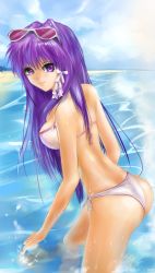 Rule 34 | 00s, 1girl, ass, bad anatomy, bikini, clannad, fujibayashi kyou, highres, long hair, purple eyes, purple hair, rarekusu, sunglasses, swimsuit, wading, water