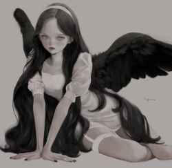 Rule 34 | 12yun30, 1girl, arm support, black hair, black nails, black wings, dress, expressionless, feathered wings, garter straps, grey background, grey eyes, hairband, highres, long hair, looking at viewer, mole, mole on collarbone, mole on neck, original, parted bangs, short dress, short sleeves, simple background, sitting, solo, v arms, very long hair, white dress, white hairband, wings